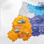 Mapa da previsão do tempo do Maranhão para domingo, 25 de janeiro, com chuvas no litoral e centro do estado, alerta para Balsas e temperaturas entre 23 °C e 32 °C.