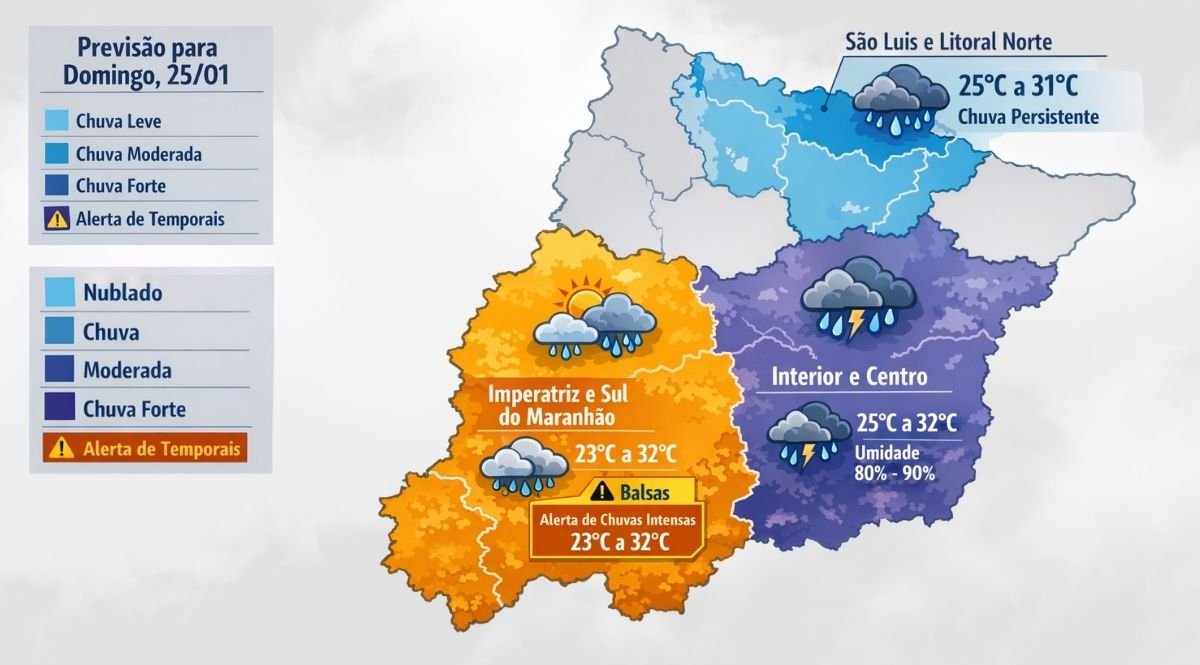 Mapa da previsão do tempo do Maranhão para domingo, 25 de janeiro, com chuvas no litoral e centro do estado, alerta para Balsas e temperaturas entre 23 °C e 32 °C.